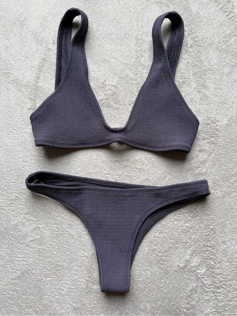 Wanderlust Charcoal Ribbed V-Notch Bikini Set - Dark Gray